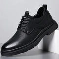 Men's black and brown leather business shoes with cowhide upper and rubber sole.