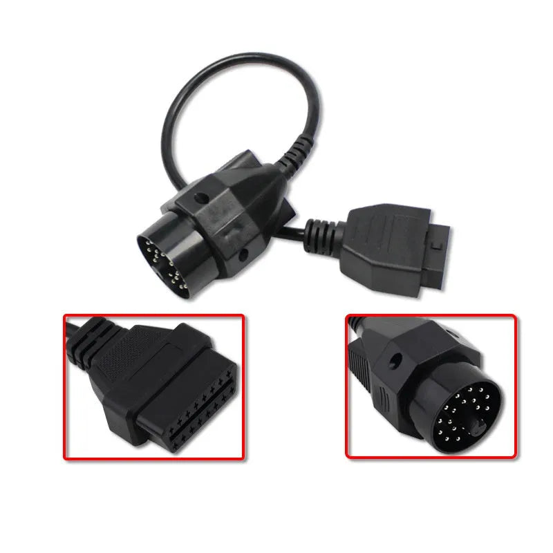 BMW 20-pin to standard 16-pin OBD2 diagnostic adapter cable on a white background