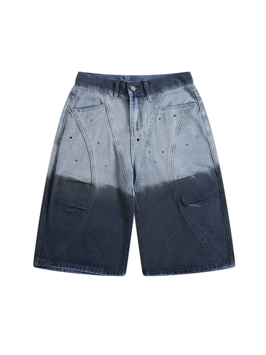 Blue tie-dye gradient cropped jeans with washed-out finish and mid-waist loose fit