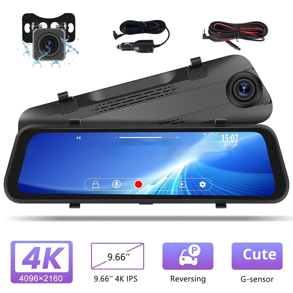 Streaming media rearview mirror with 9.66 inch touch screen displaying dual camera view