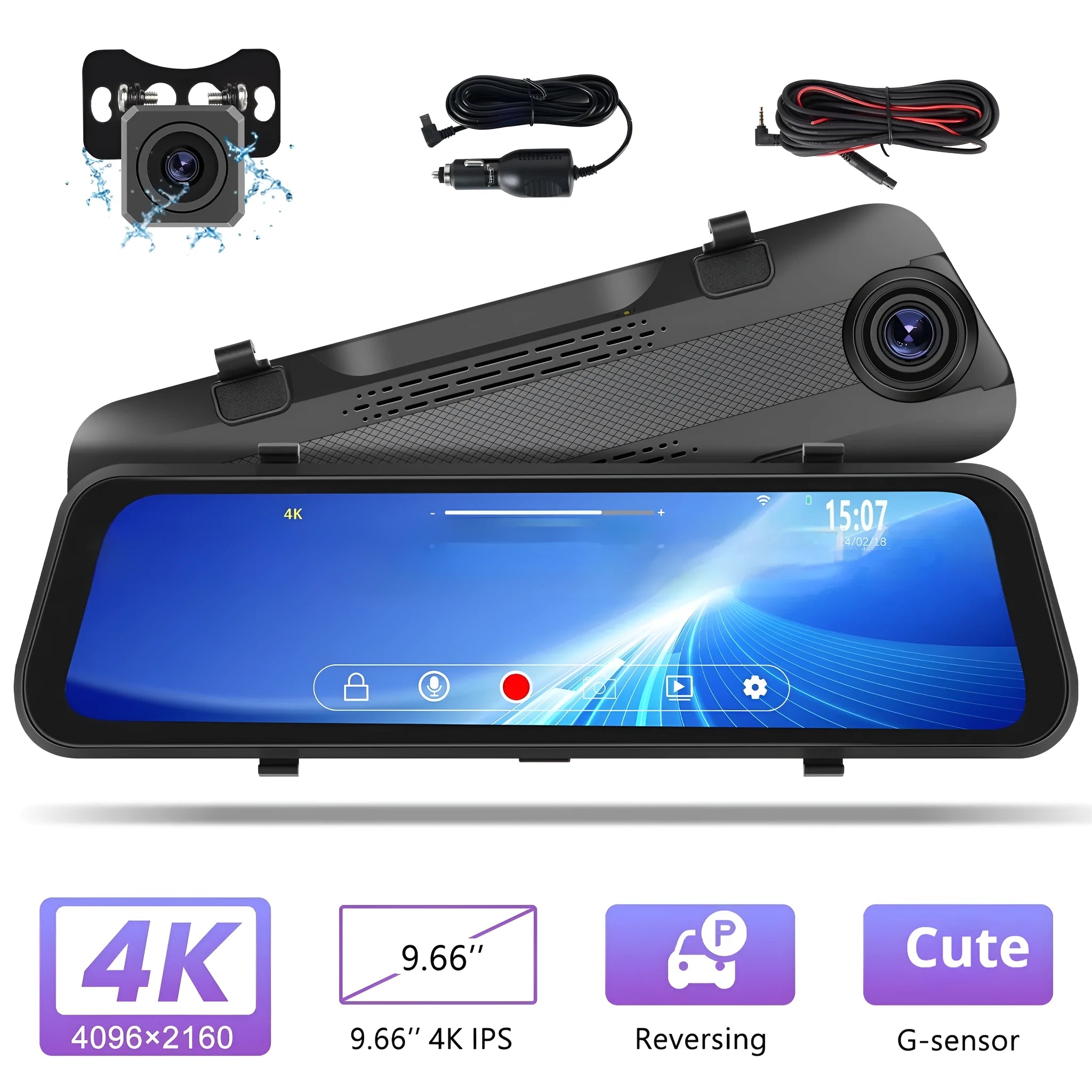 Streaming media rearview mirror with 9.66 inch touch screen displaying dual camera view
