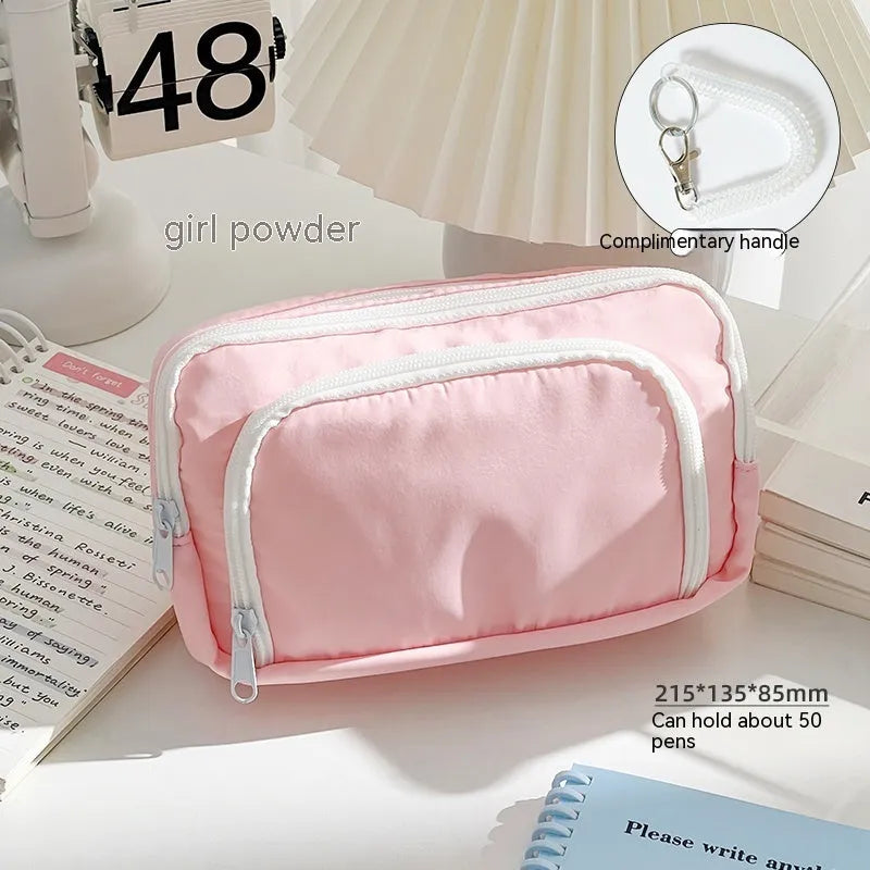 Double layer fabric pencil case in blue with gift handle for exam stationery storage