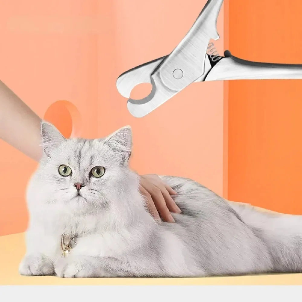 Silver professional pet nail clipper with stainless steel blades and safety guard.