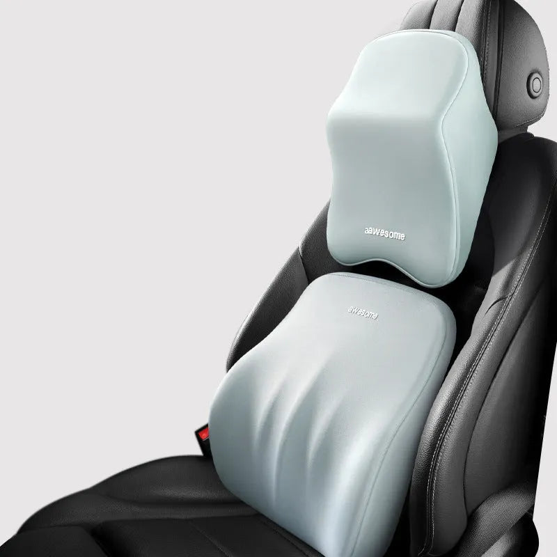 Memory foam car lumbar pillow and matching headrest with geometric pattern in choice of four colours