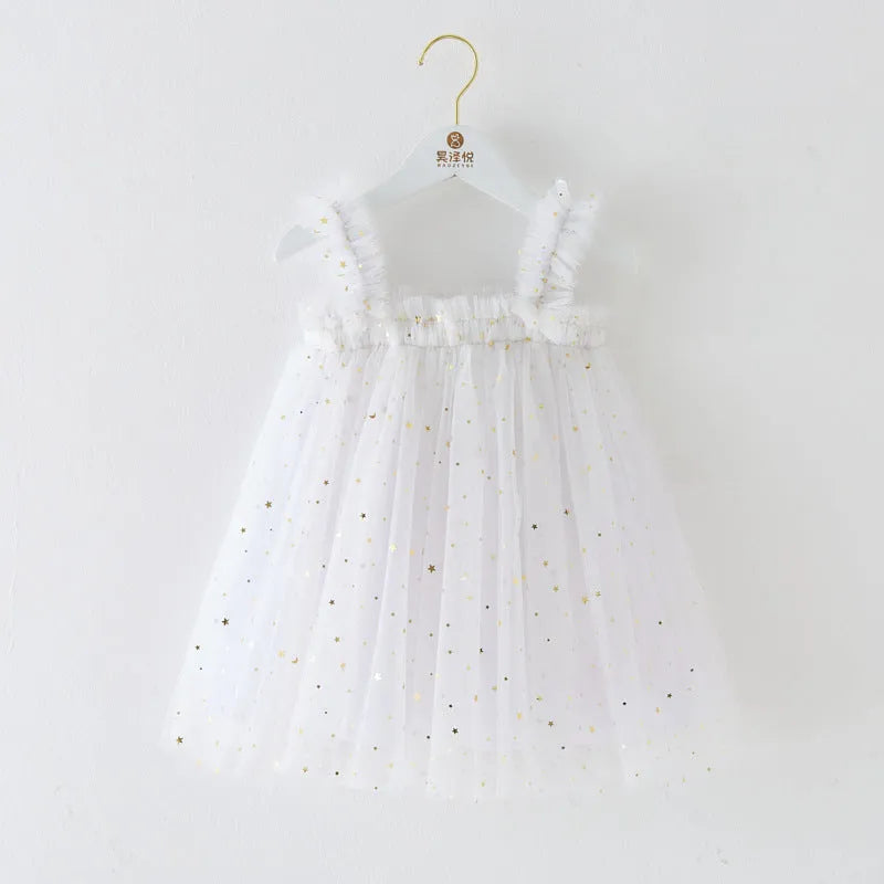 Girls Christmas star moon strapless sling dress in green, red or white, sizes 73cm to 130cm