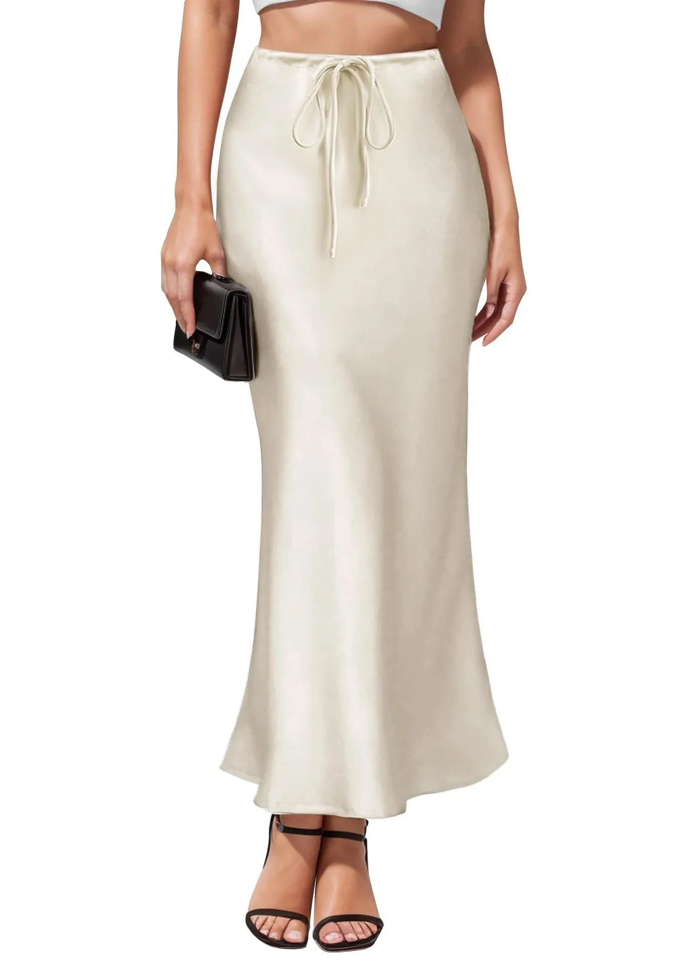 Asymmetric acetate satin skirt with irregular stitching details in high waist design
