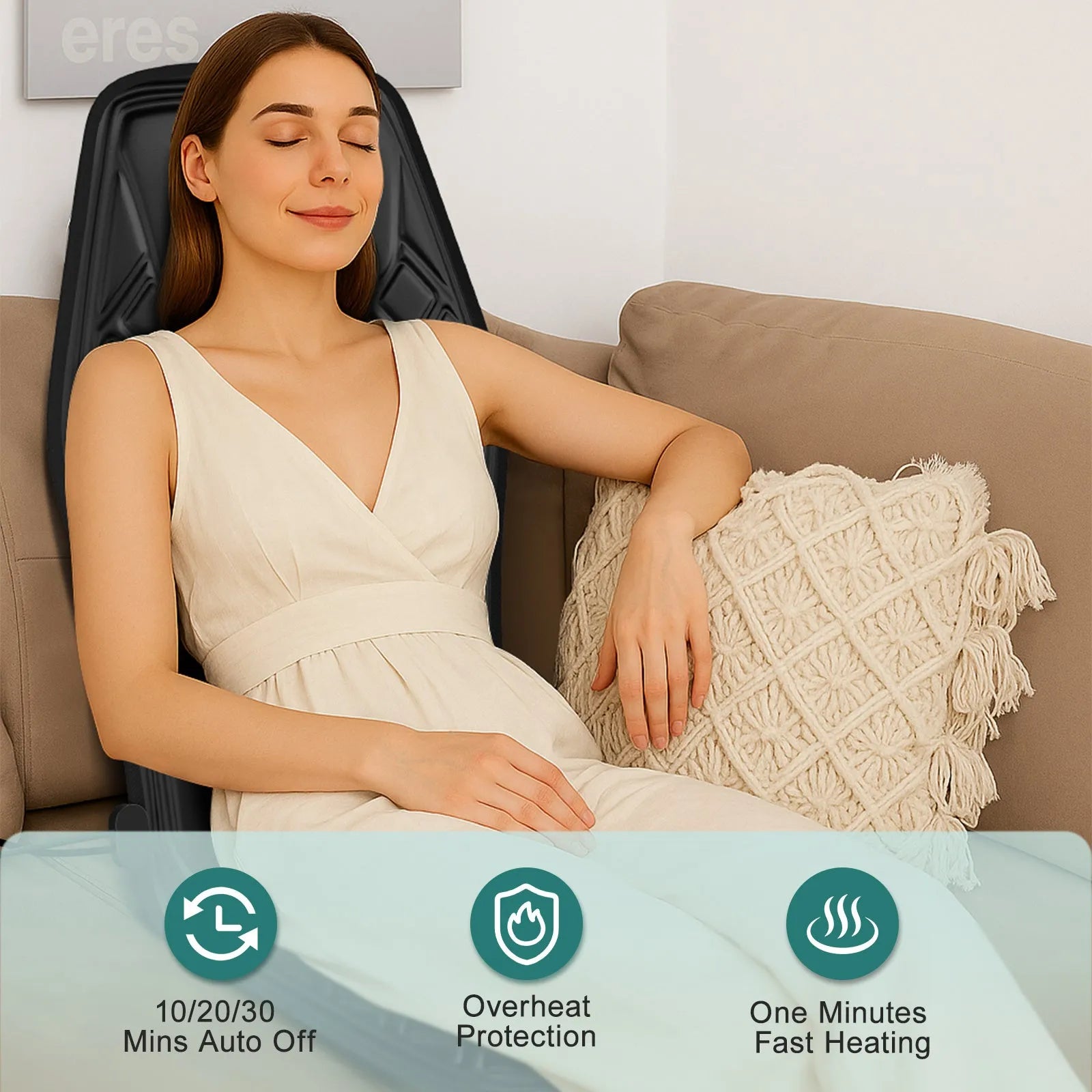 9-speed massage cushion with timer and heat on a black office chair, showing remote control and PU leather surface