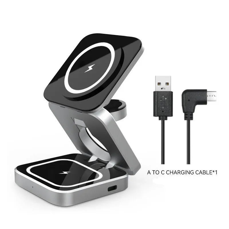 Three-in-one folding desktop wireless charging bracket for Apple Samsung and Google Pixel Watch with magnetic ring