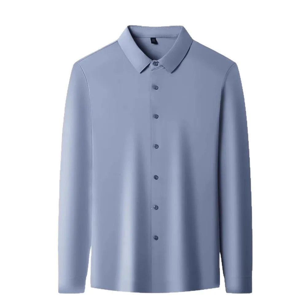 Seamless high elastic long sleeve anti-wrinkle shirt in white with spandex stretch fabric cardigan style