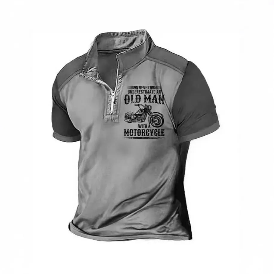 Men's casual polo shirt with lapel collar and black letter digital printing on chest.