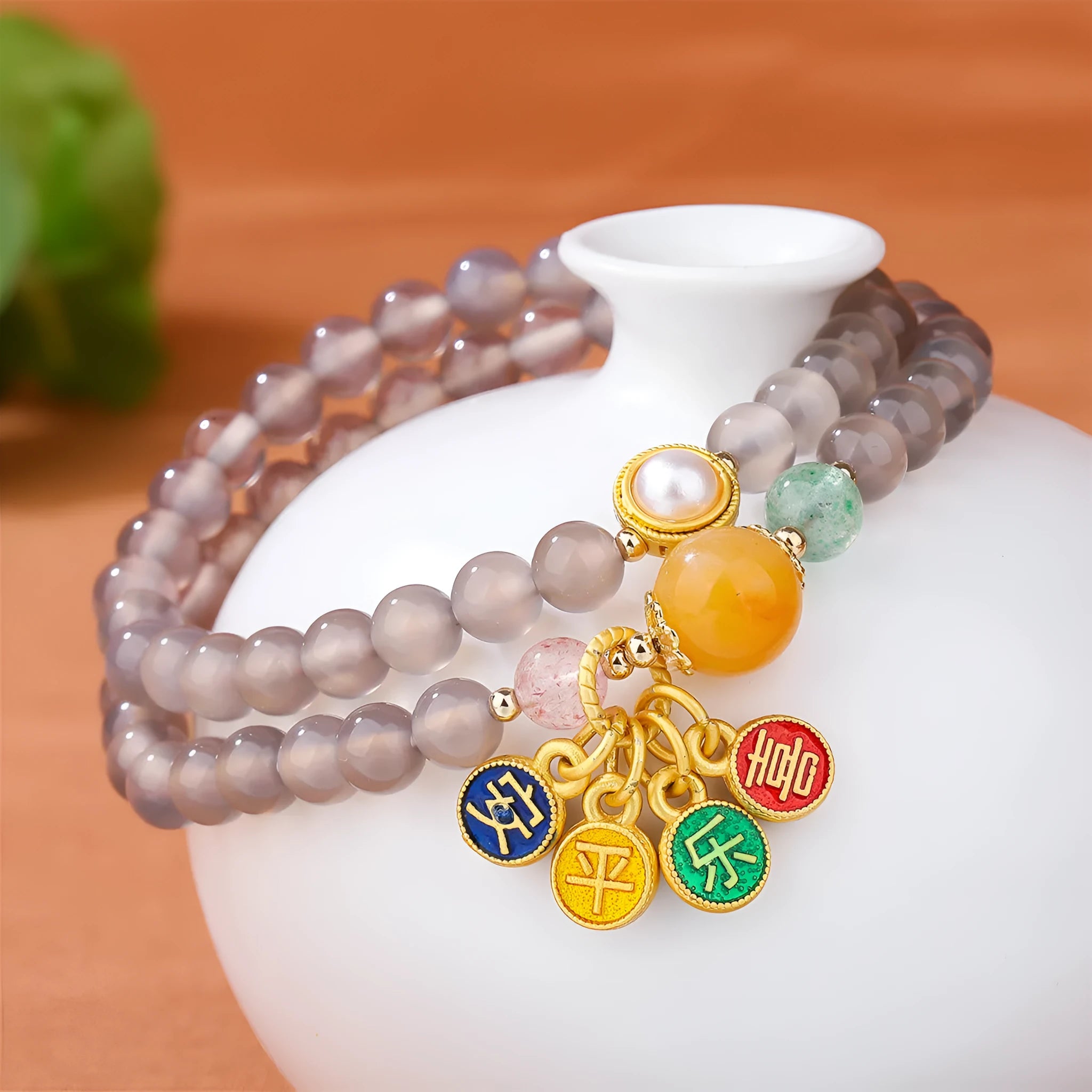 Natural gray agate bracelet with two-circle retro design, handmade DIY, women's accessory