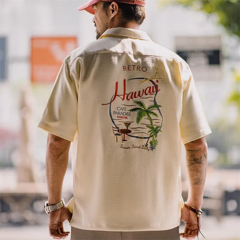 Light apricot men's Cuban collar shirt with bamboo leaf pattern short sleeves