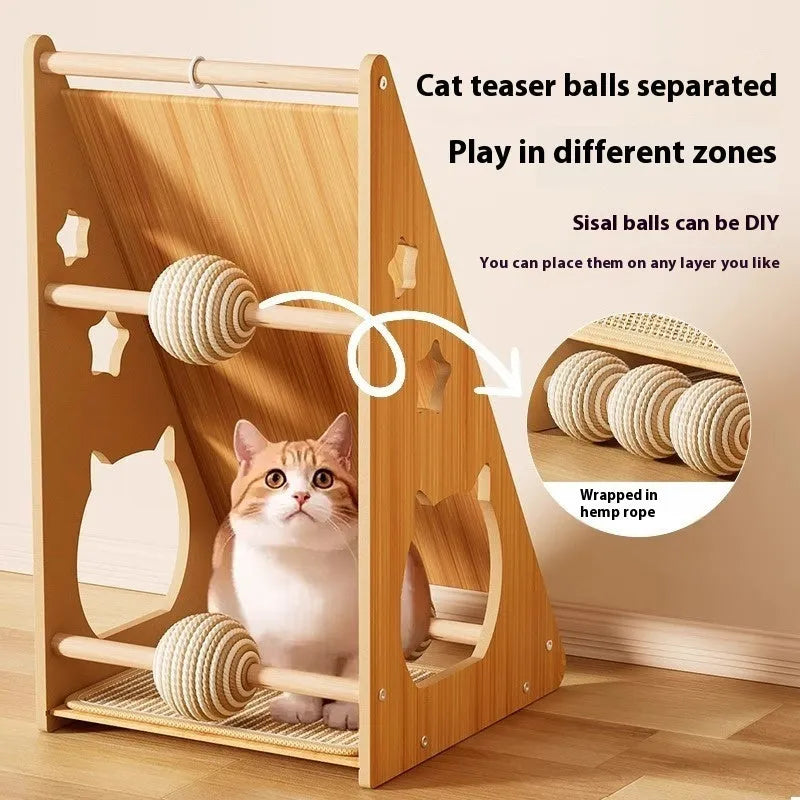 Vertical wall-mounted cat scratch board with sisal surface and a cat teasing ball.