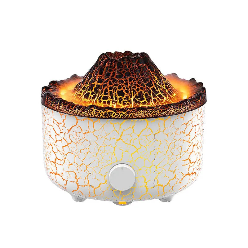 Volcano-shaped humidifier diffuser with LED flame lighting effect emitting mist puffs