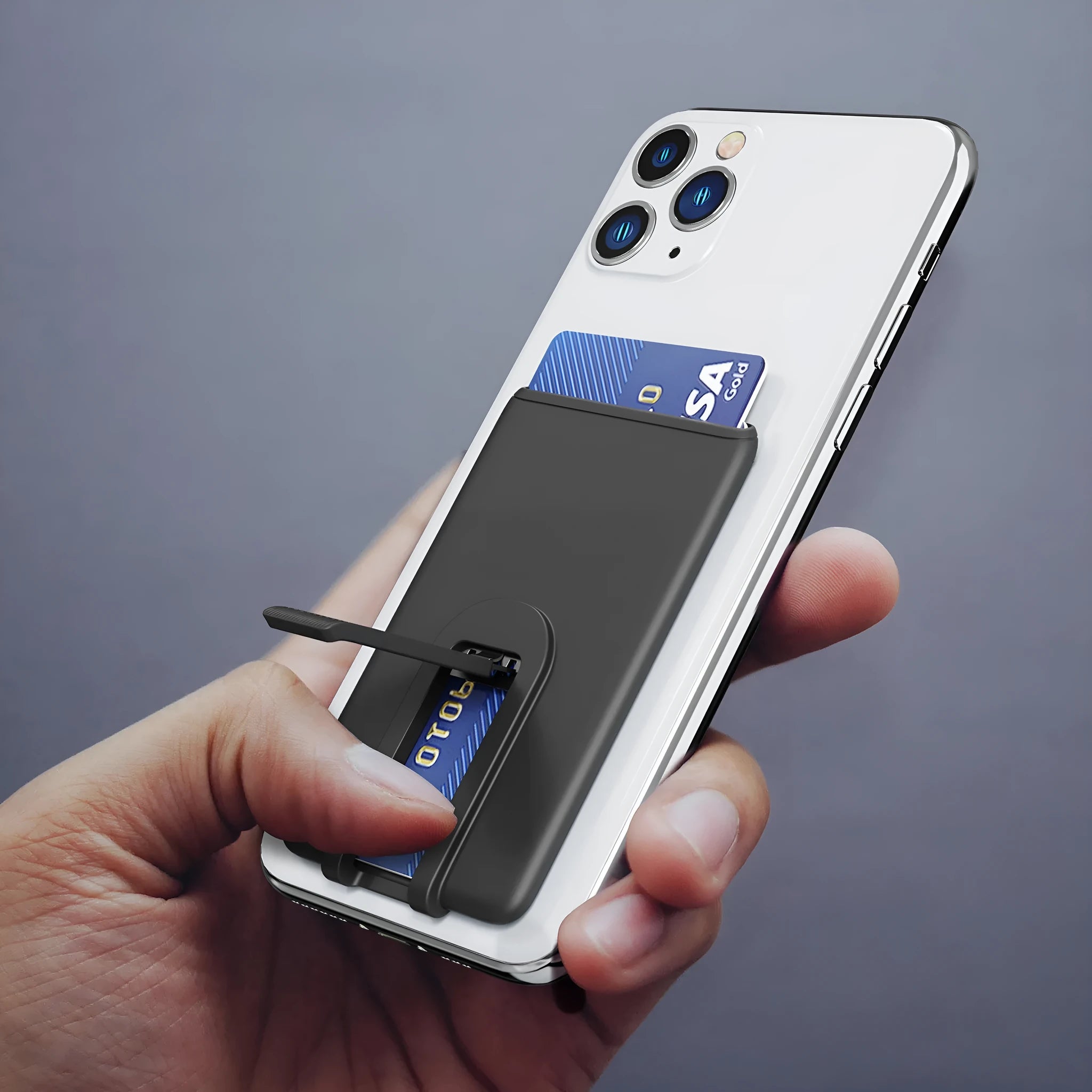 Black silicone phone case bracket with card slot for hands-free use, 5.8 x 9.4 cm