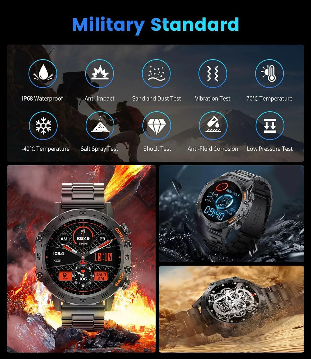 K52 Bluetooth smart watch with black strap, IPS screen, and health monitoring sensors on a table