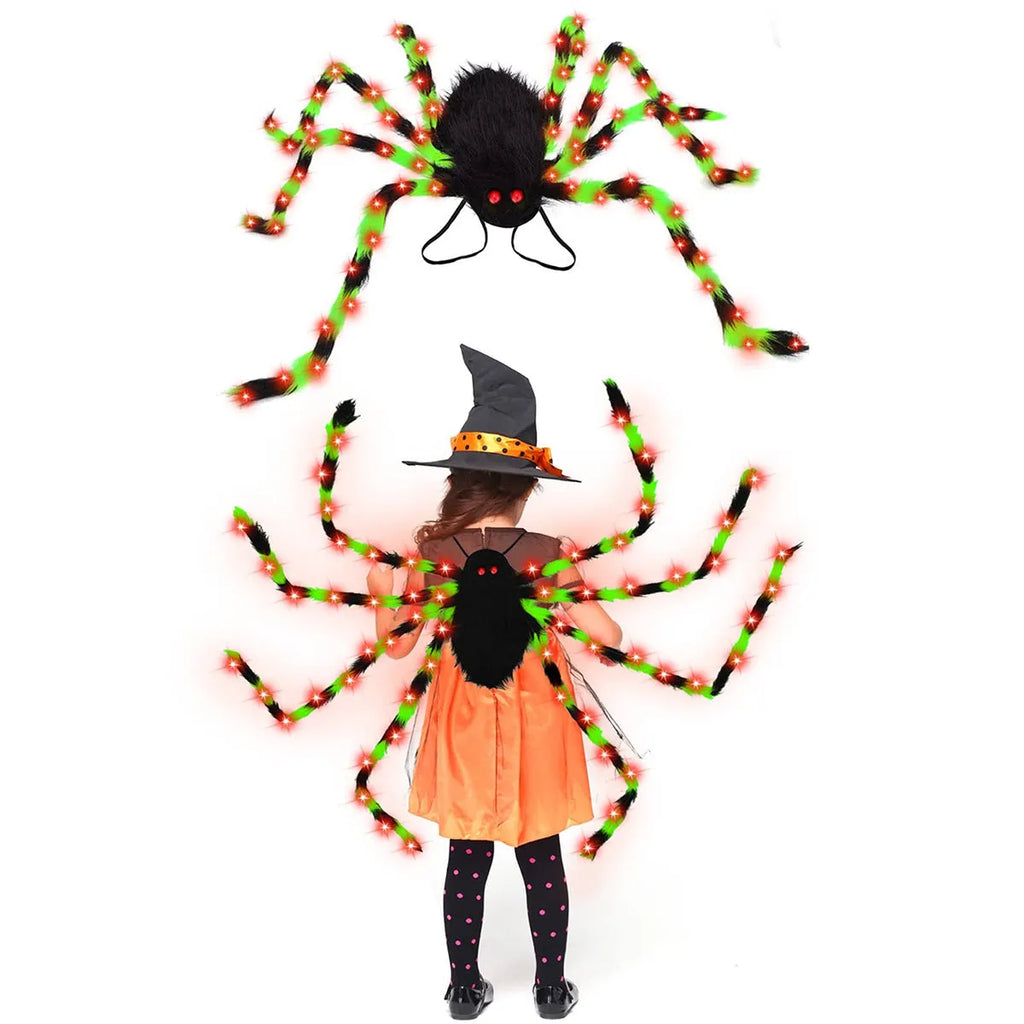Green Halloween spider backpack with purple LED lights in plush material