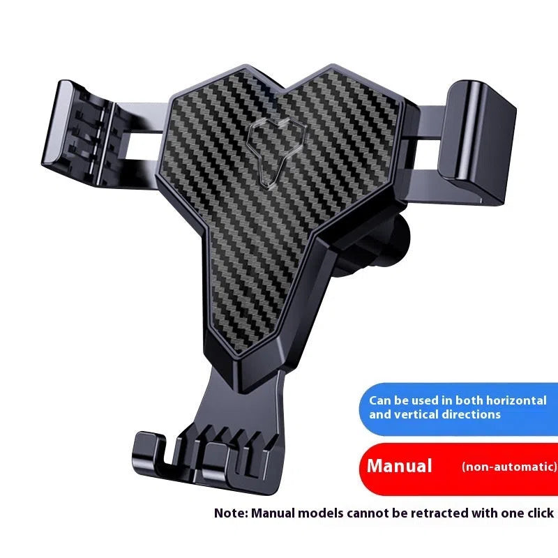 Black plastic manual car phone holder clipped to a vehicle air outlet vent