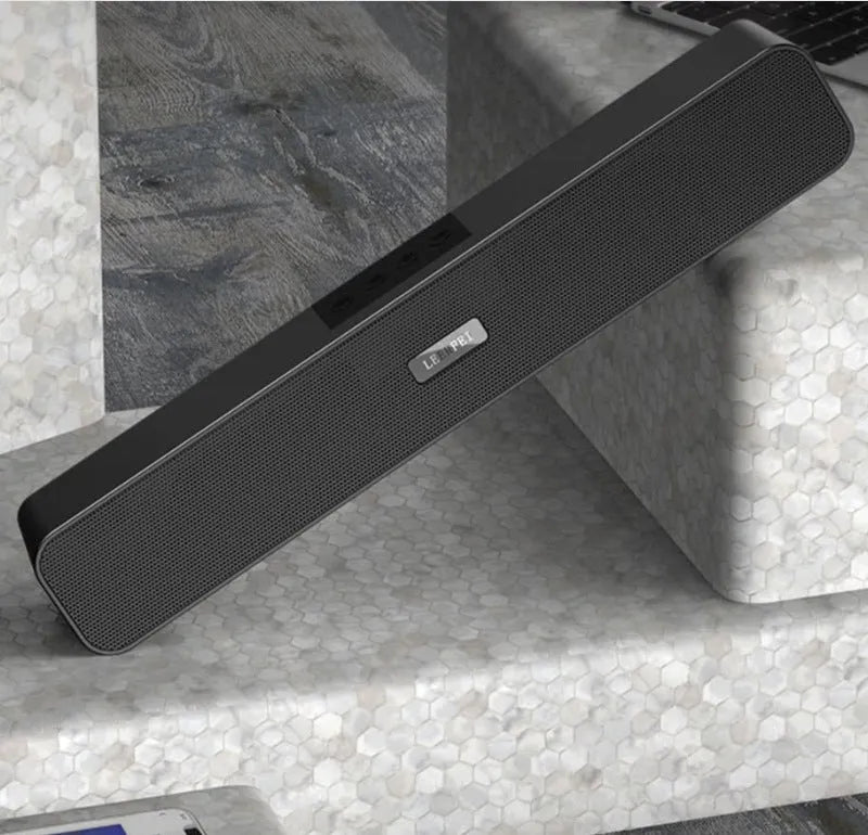 Black desktop long multimedia Bluetooth speaker with plastic shell and slim 380x55x55mm design