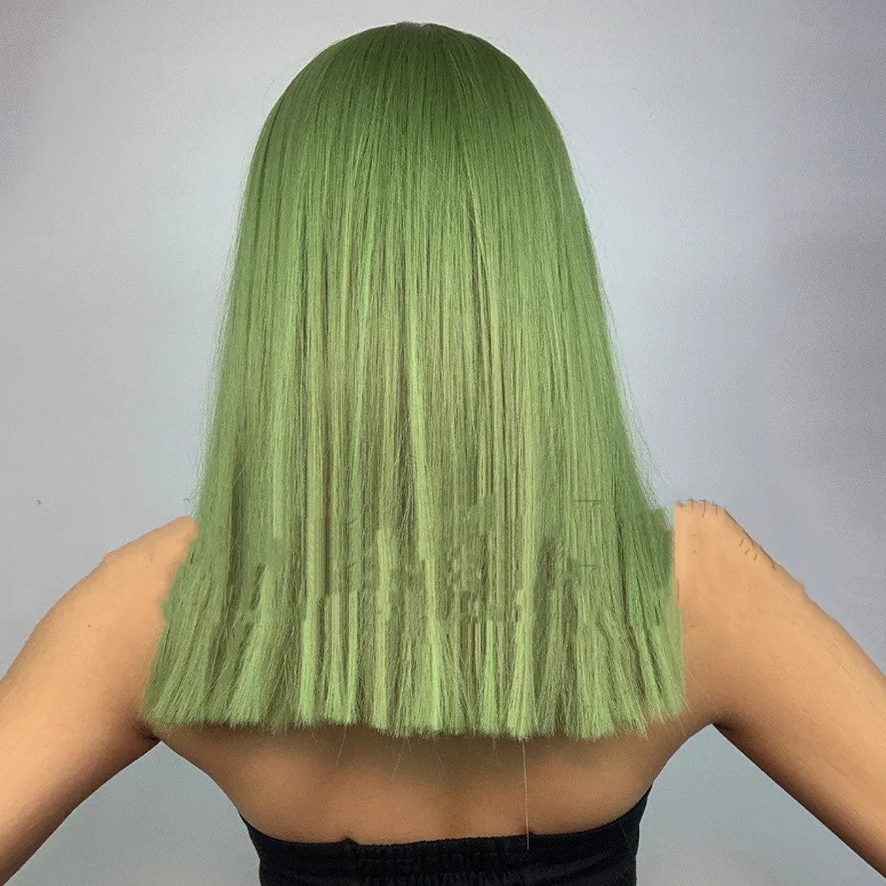 Ladies plant green straight synthetic wig with Qi bangs on display