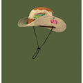 Army green cotton fisherman hat with hand-painted patchwork retro design and flat top crown