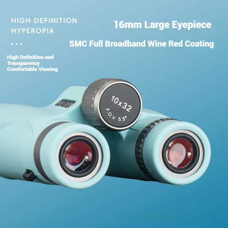 Blue or grey coloured 10x32 compact binoculars with wine red film imaging.