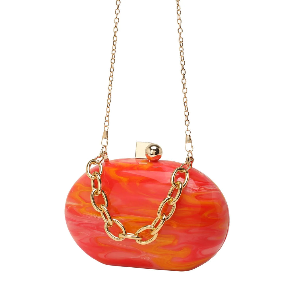 Oval acrylic women's clutch bag with detachable chain in pearlescent colour options