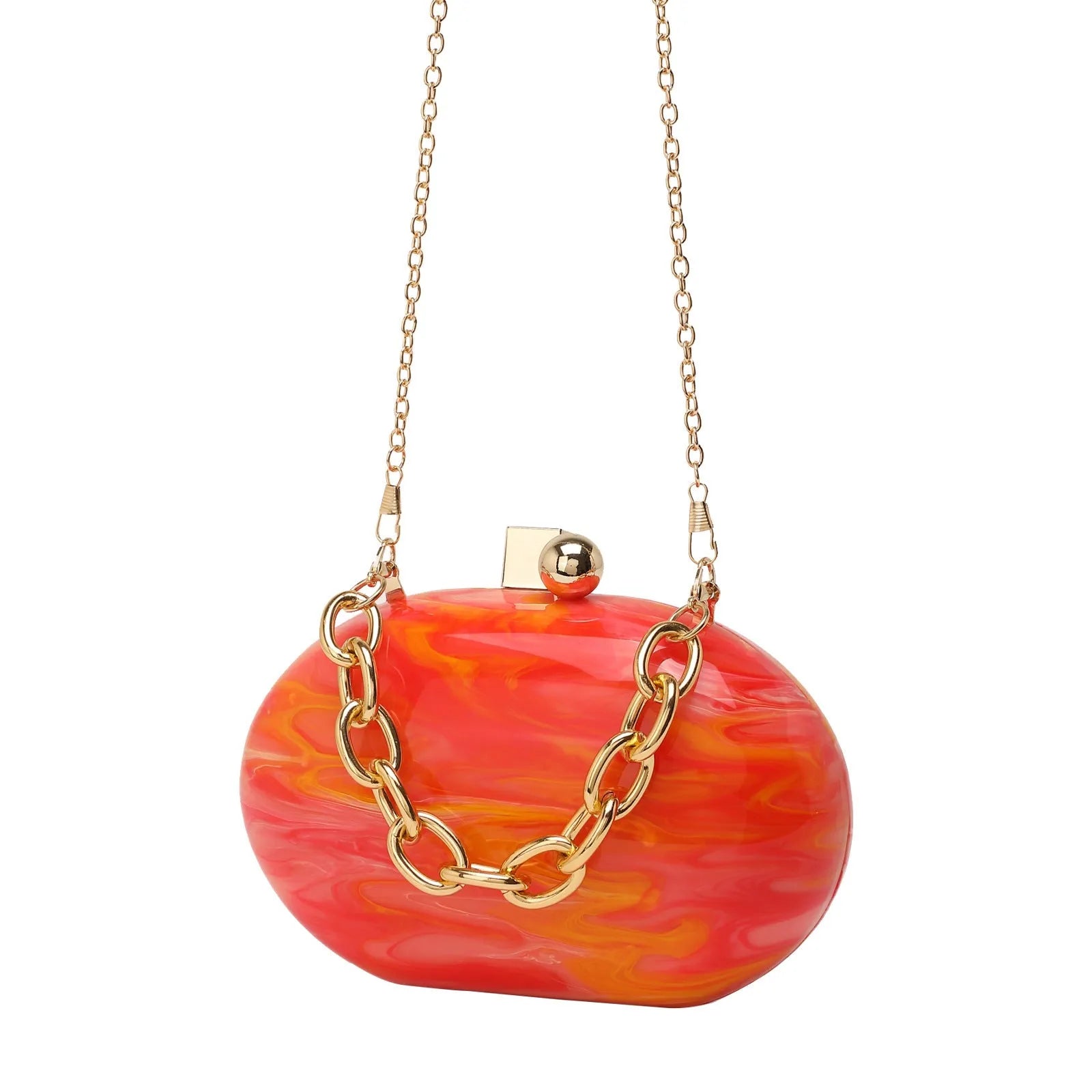 Oval acrylic women's clutch bag with detachable chain in pearlescent colour options
