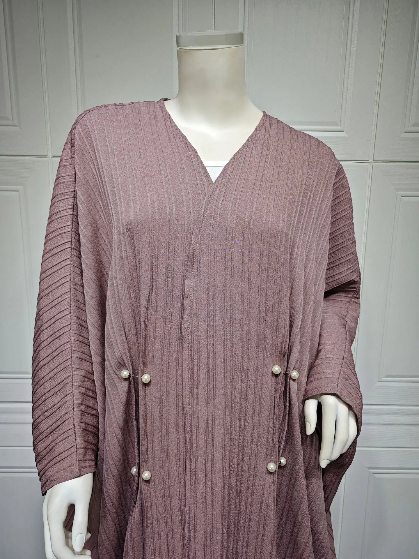 Turkish striped abaya cardigan robe in light coffee colour with batwing sleeves for Muslim women