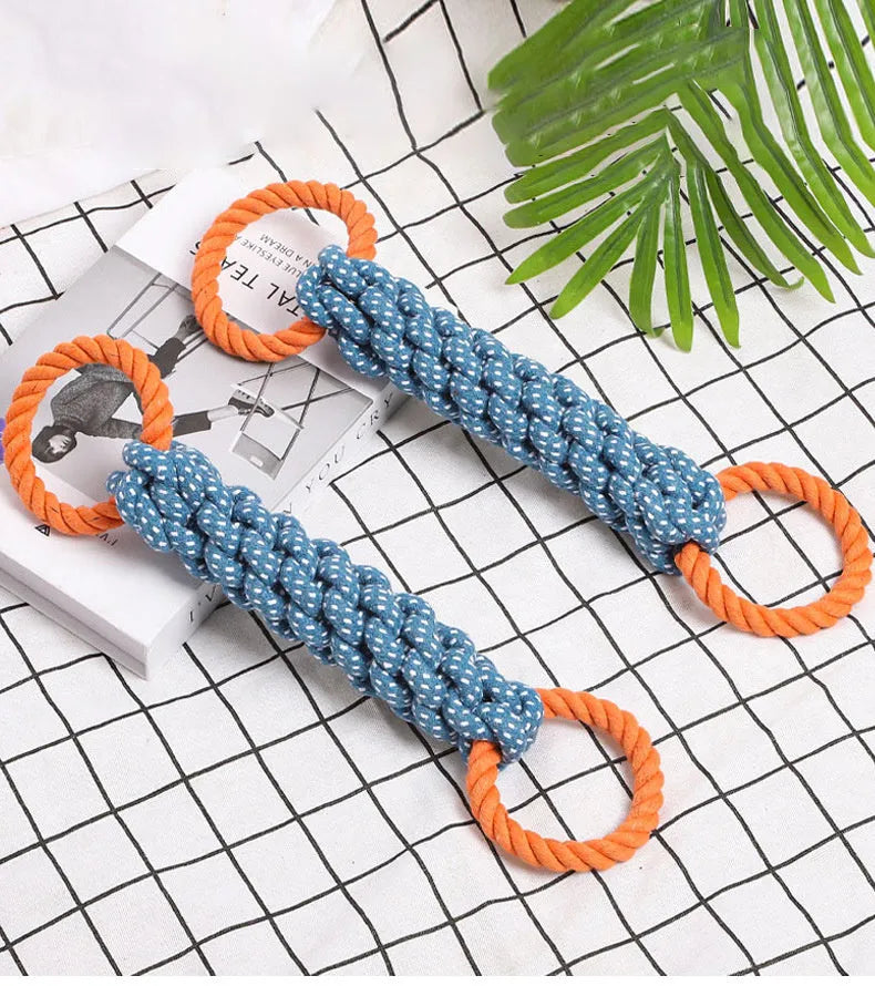 Blue braided cotton dog chew toy with double rings and bone shape, 37cm long