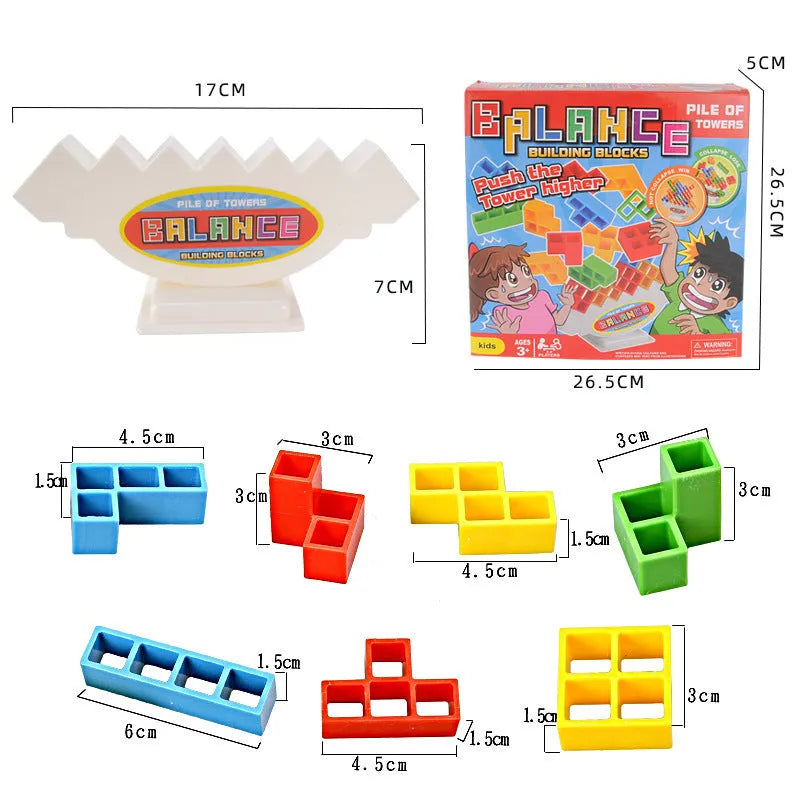 Plastic balance stacking board game with 16 coloured blocks, chassis, and base on a 26.5cm square box.