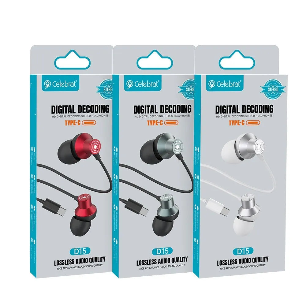 Type-C stereo wired earphones with 1.2m cable, available in black, white and red