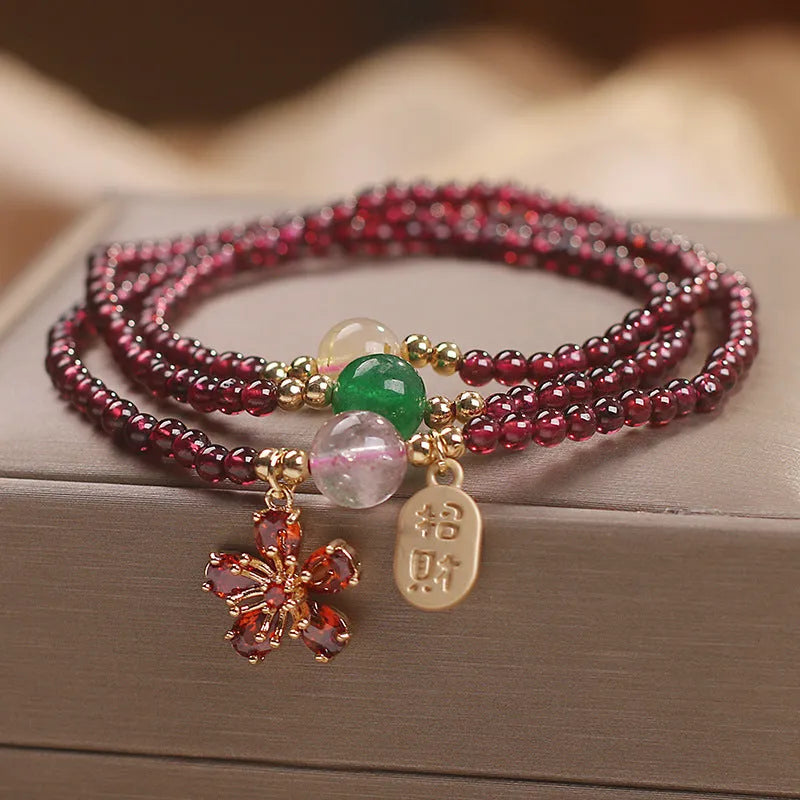 Natural crystal pomegranate bracelet for women, pomegranate red cherry blossom colour, with sequins, simple style
