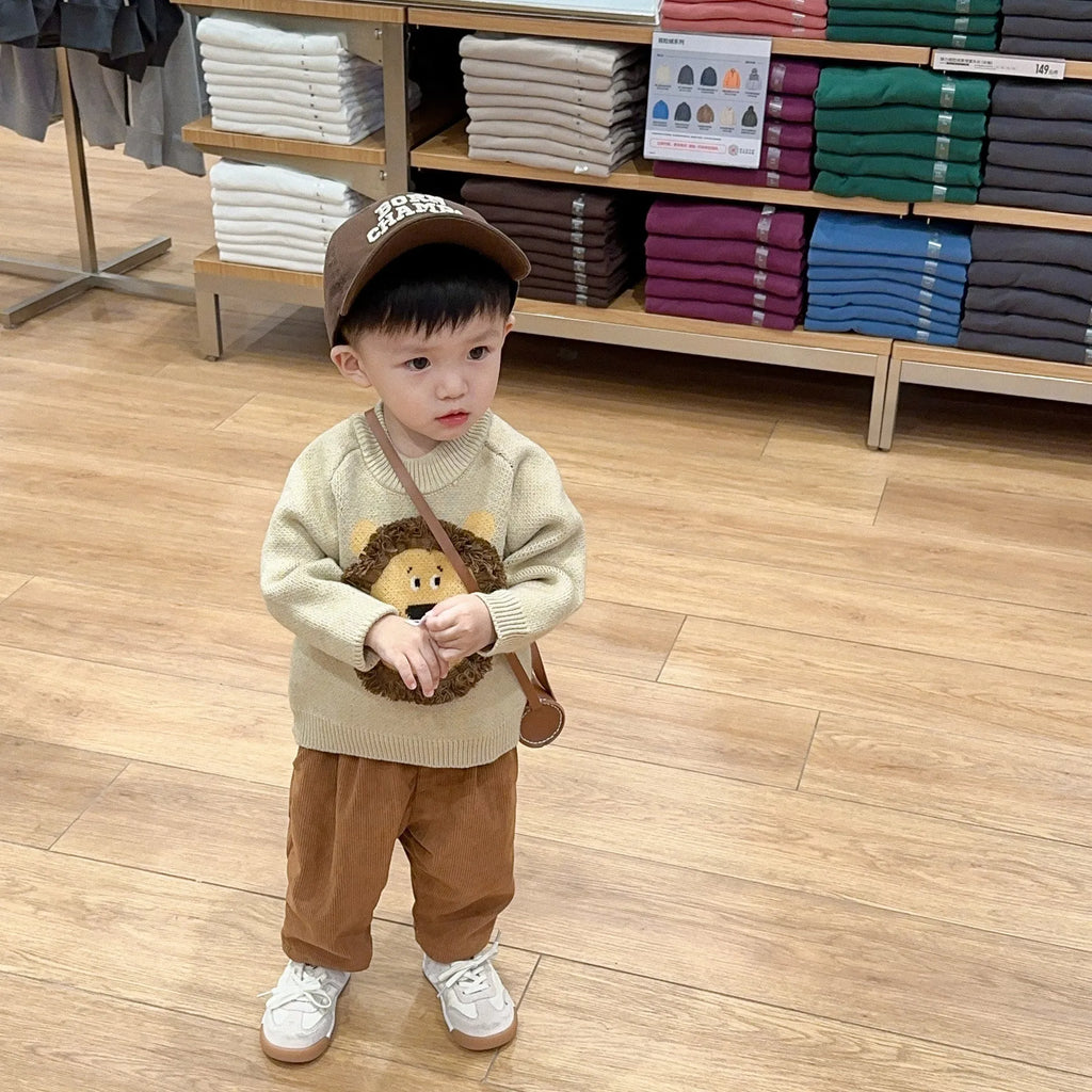 Boys' Korean style cartoon pullover sweater in khaki or gray, knitted acrylic, sizes 66-100cm