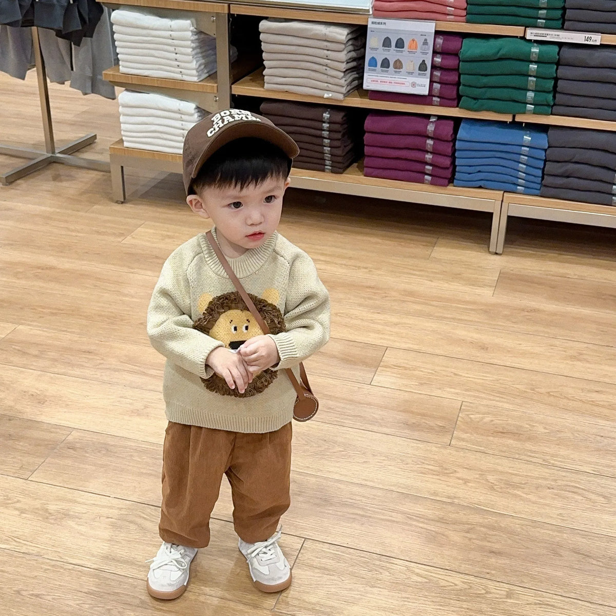 Boys' Korean style cartoon pullover sweater in khaki or gray, knitted acrylic, sizes 66-100cm