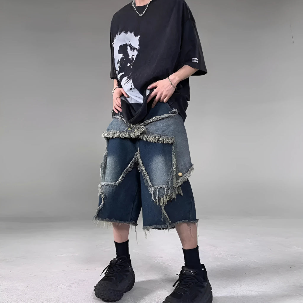 Men's blue denim shorts with frayed five-pointed star detailing and loose fit design