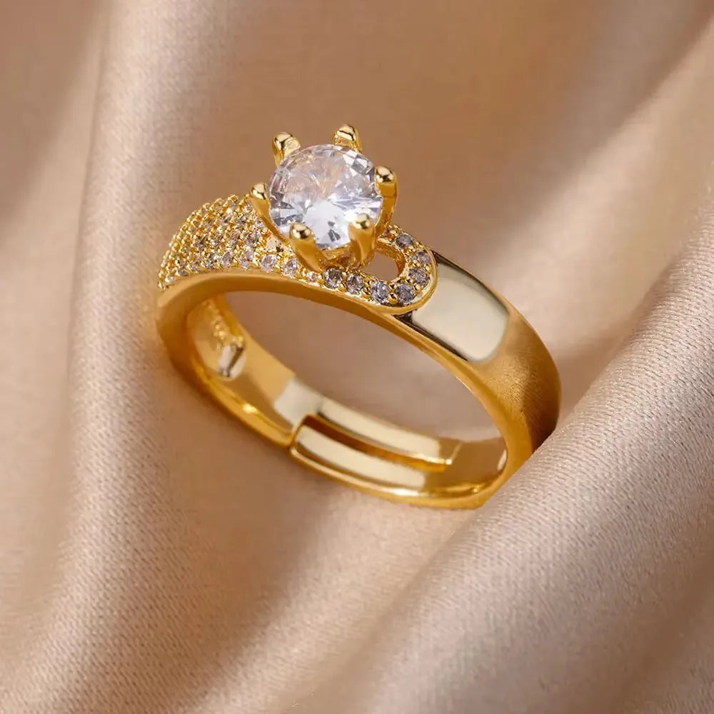 18K gold plated love emerald adjustable open mouth ring with synthetic zircon stone on copper base