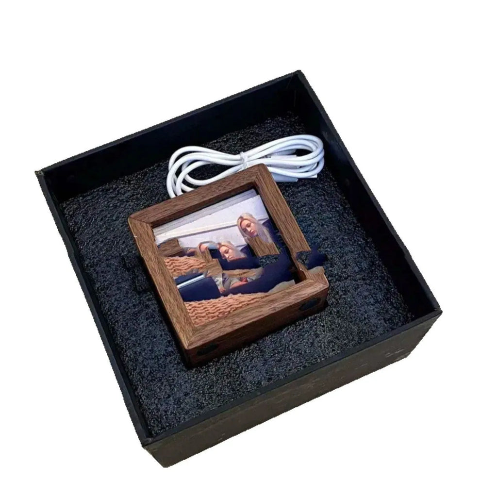 Customised flip book photo machine square ornament in wood finish with multiple photo cards and LED lights
