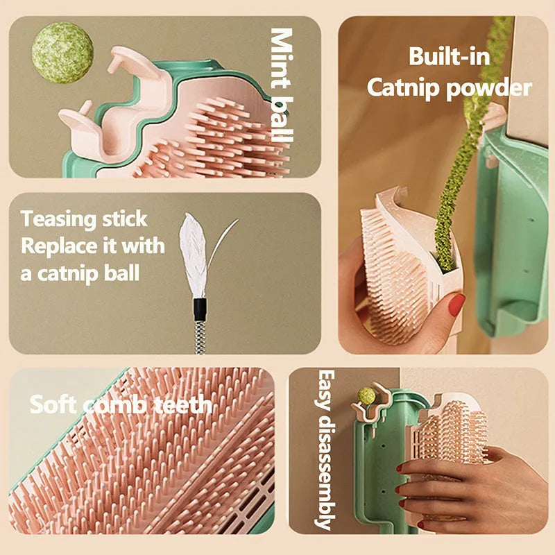 PP plastic pet scratching groomer with mint-scented ball and feather attachment on textured base