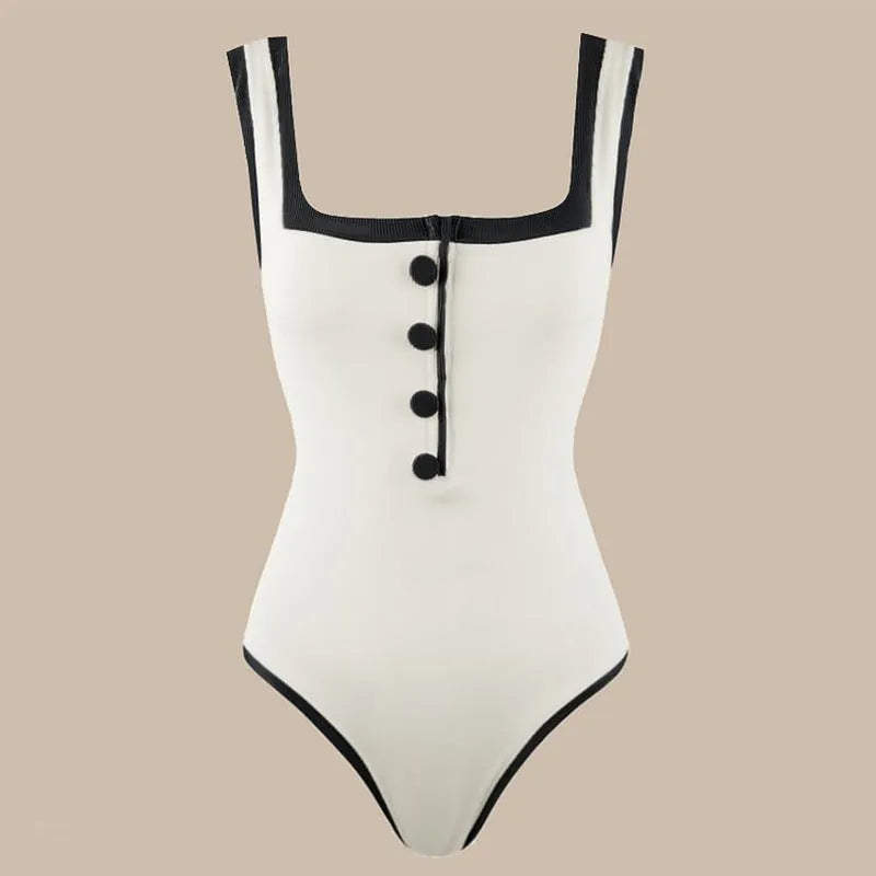 Black and white colour matching plus size one-piece swimsuit with simple covered belly and sleeveless backless style