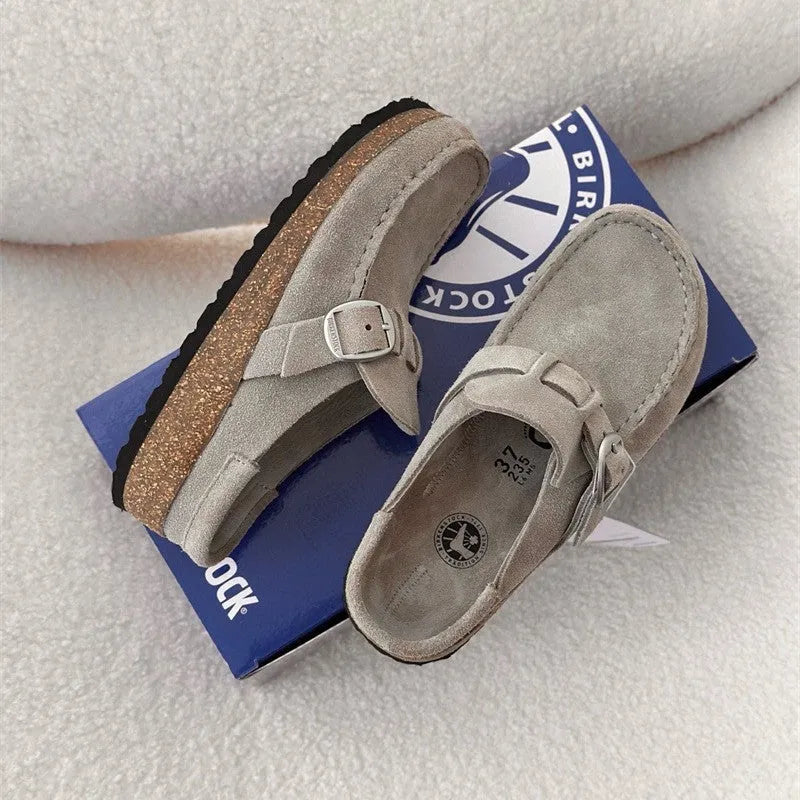 Unisex cow suede mule slippers with cork sole in sand gray colour, side view