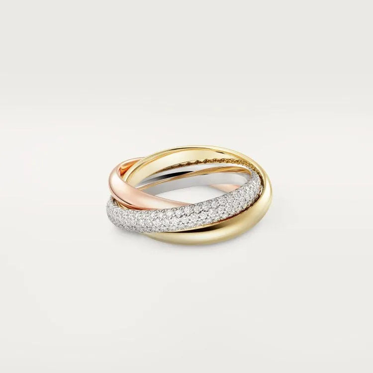Geometric U-shaped sterling silver couple rings on a hand, showing full diamond band and plain band options.