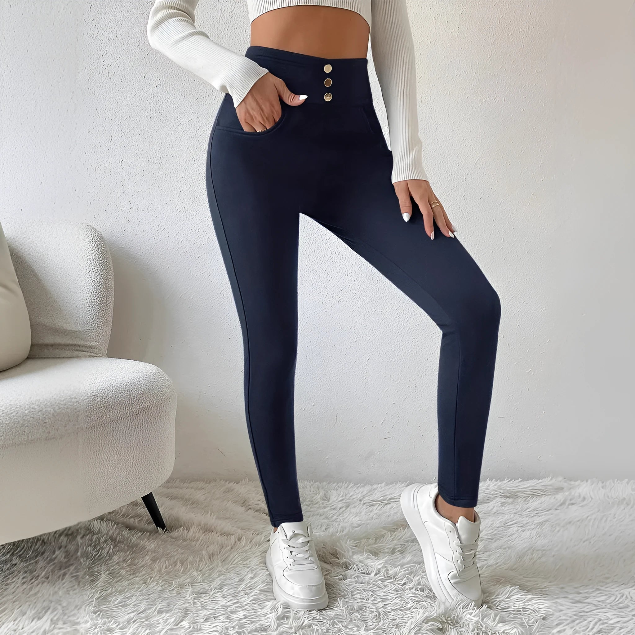 Navy blue women's high waist straight-leg trousers on hanger showing front view
