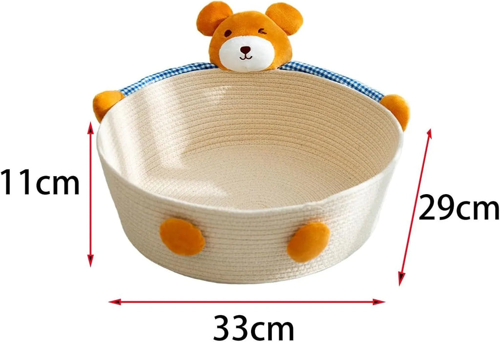 Woven cotton rope cat bed basket with scratching pad in Bear or Rabbit design