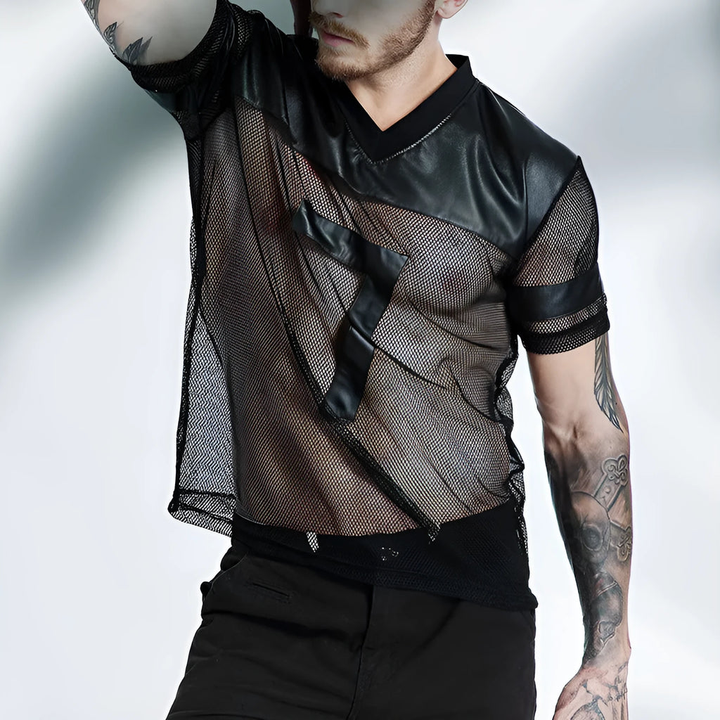 Black men's breathable mesh sports T-shirt with V-neck design and stitching detail