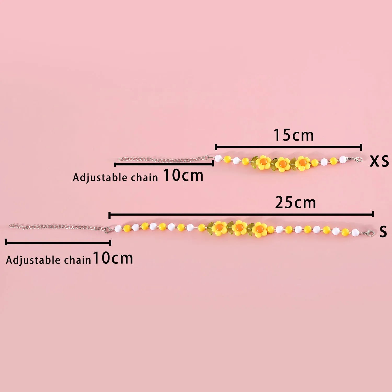 Colourful plastic pearl necklace for small pets on a white background, showing peach, rainbow, and small flower bead design options.