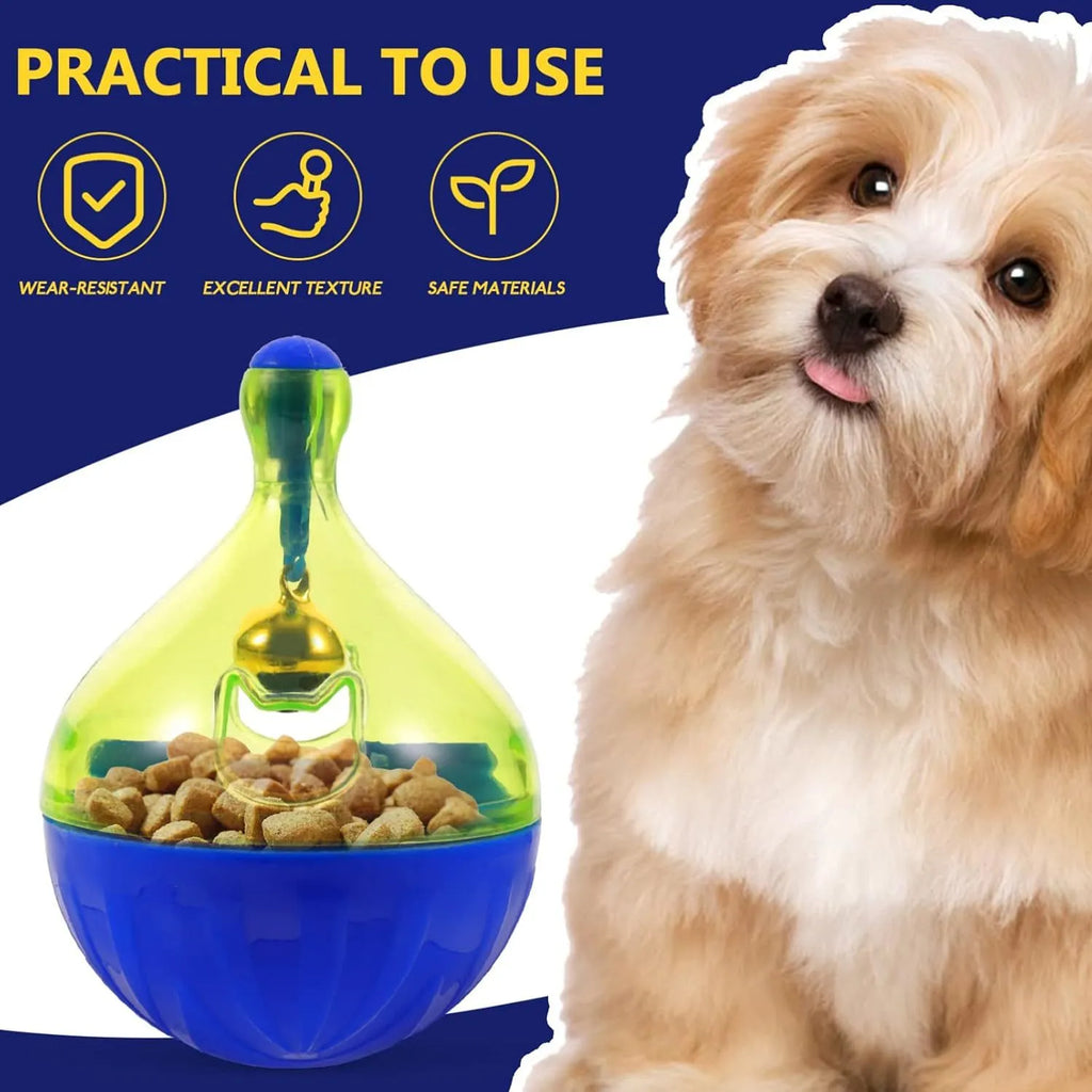 Blue tumbler-shaped pet treat dispenser toy for dogs and cats with treat holes