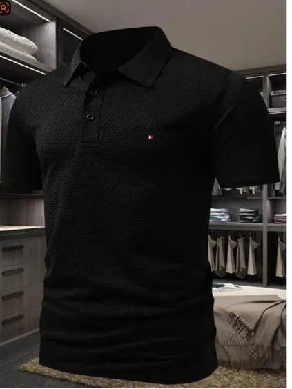 Men's loose fit printed lapel polo shirt in pinhole cloth fabric, shown in one of eleven available colours.