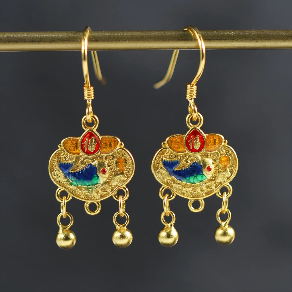 Pair of 925 silver Chinese style auspicious lock eardrops with koi carp and text motif on ear hook fitting