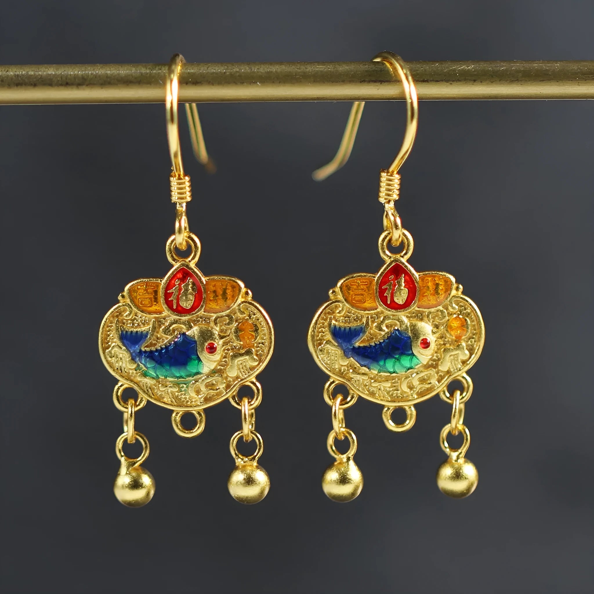 Pair of 925 silver Chinese style auspicious lock eardrops with koi carp and text motif on ear hook fitting